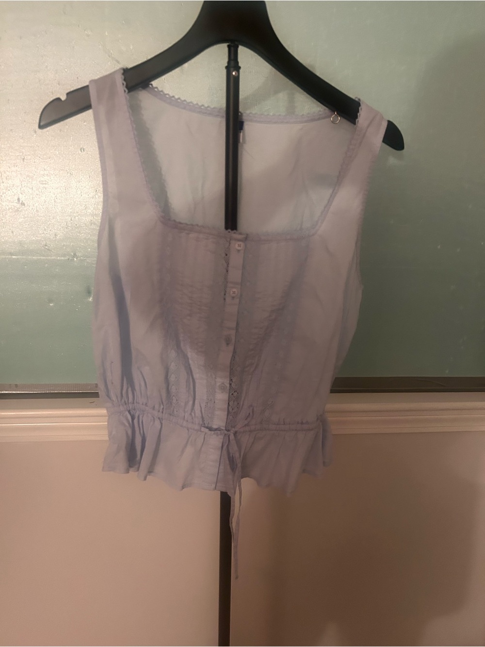Old Navy Blue Lace-Trim Drawstring Peplum Camisole Prairie Cottagecore Tank Sm - Picture 9 of 10